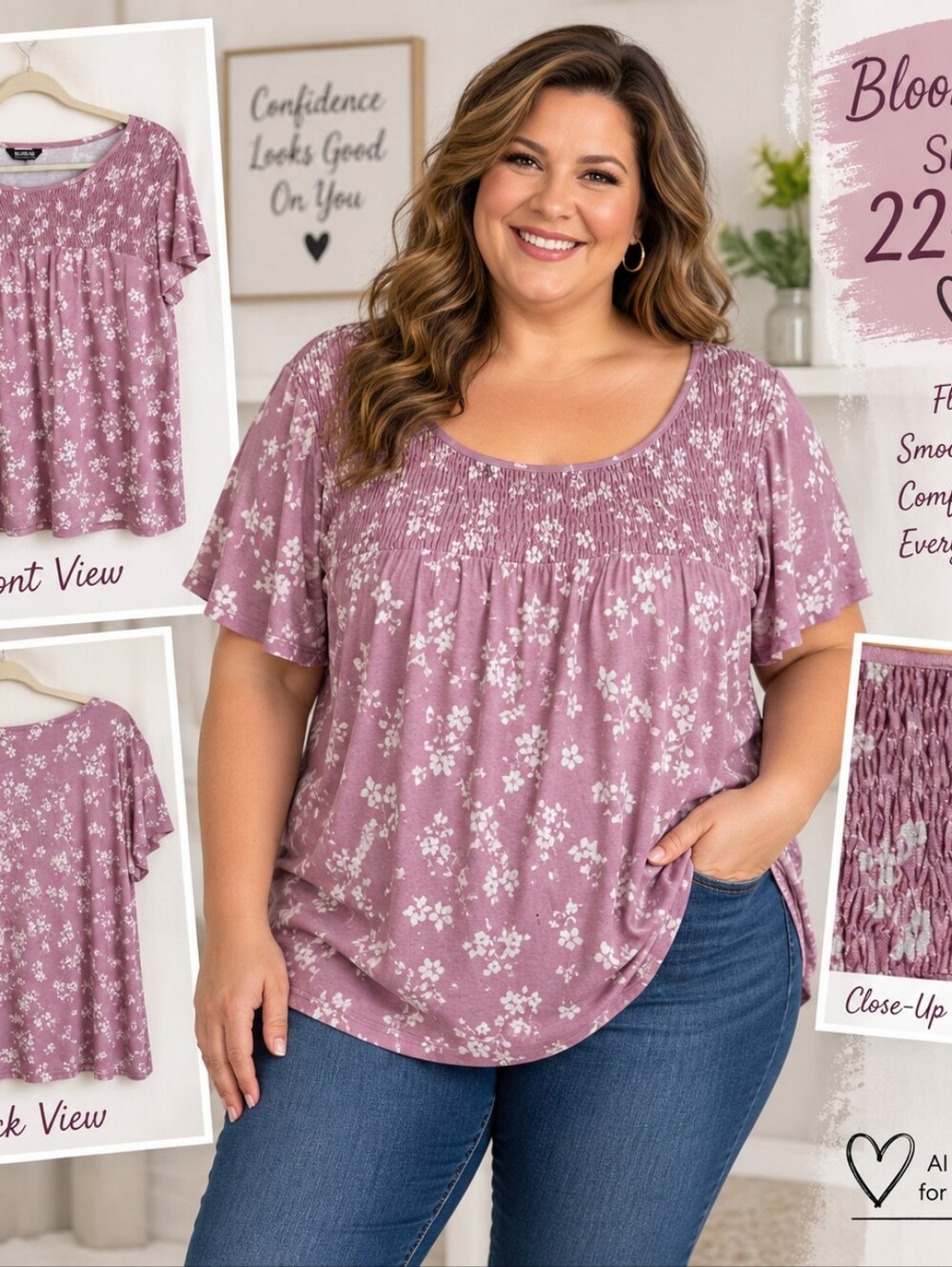 Bloom Chic Soft Lavendar Floral Smocked Short Sleeve Top1.